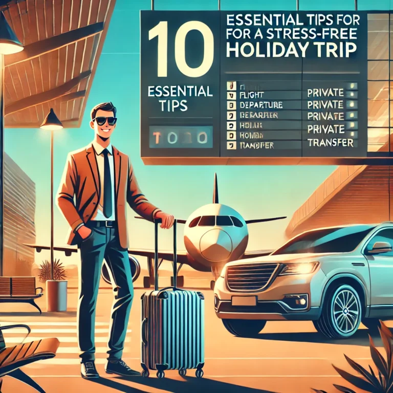 Illustrated traveller with suitcase at airport with departure board and transfer car