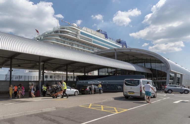 Southampton cruise terminal with a cruise ship docked in the background
